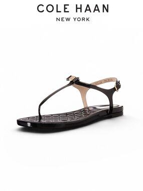 COLE HAAN TALI MINI BOW BLACK PATENT THONG T STRAP SANDALS SIZE 10 GOLD HARDWARE